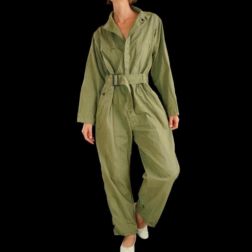 Vintage 1940s military green herringbone belted jumpsuit - Picture 5 of 5